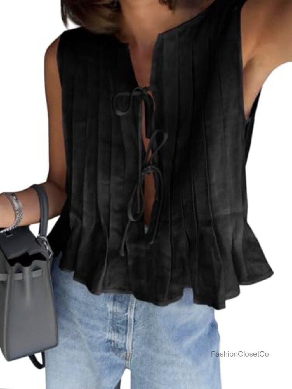 Women's Bow Front Tie Tank Top Pleated Peplum Sleeveless Babydoll Blouse
